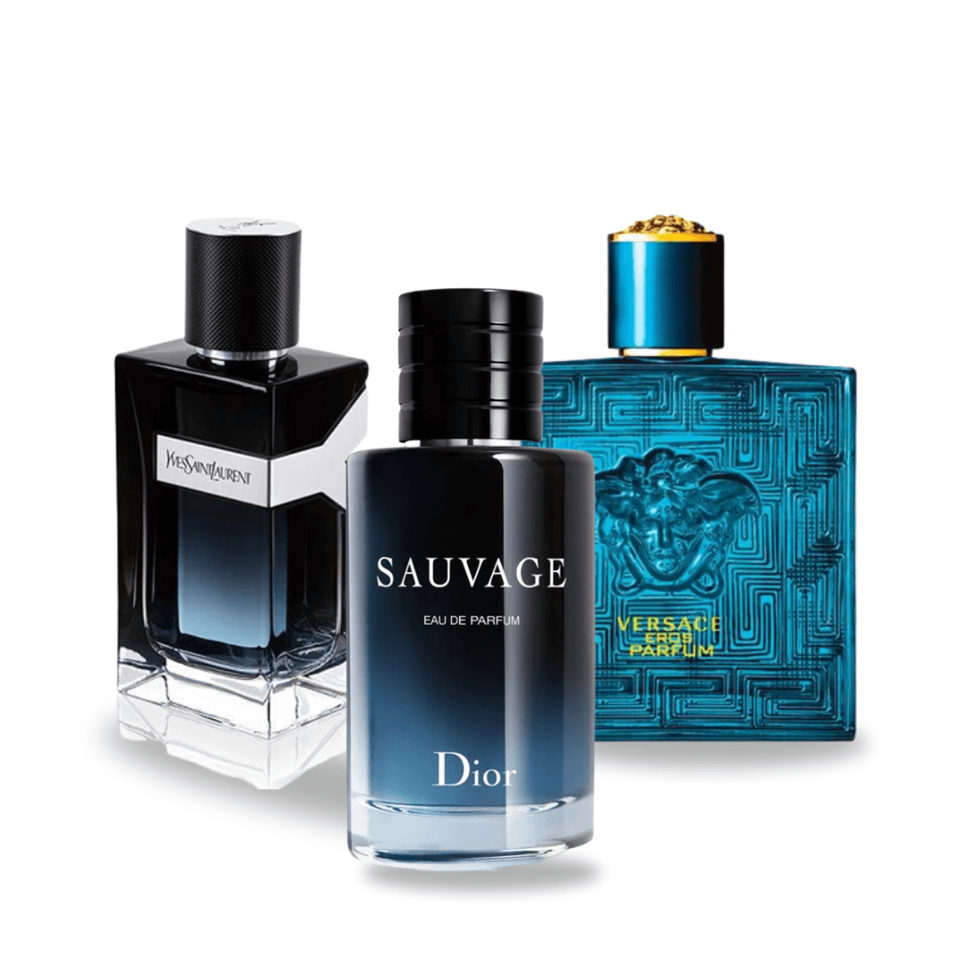 Set di 3 profumi: Dior SAUVAGE, Yves Saint Laurent Y MEN y Versace EROS 100ml